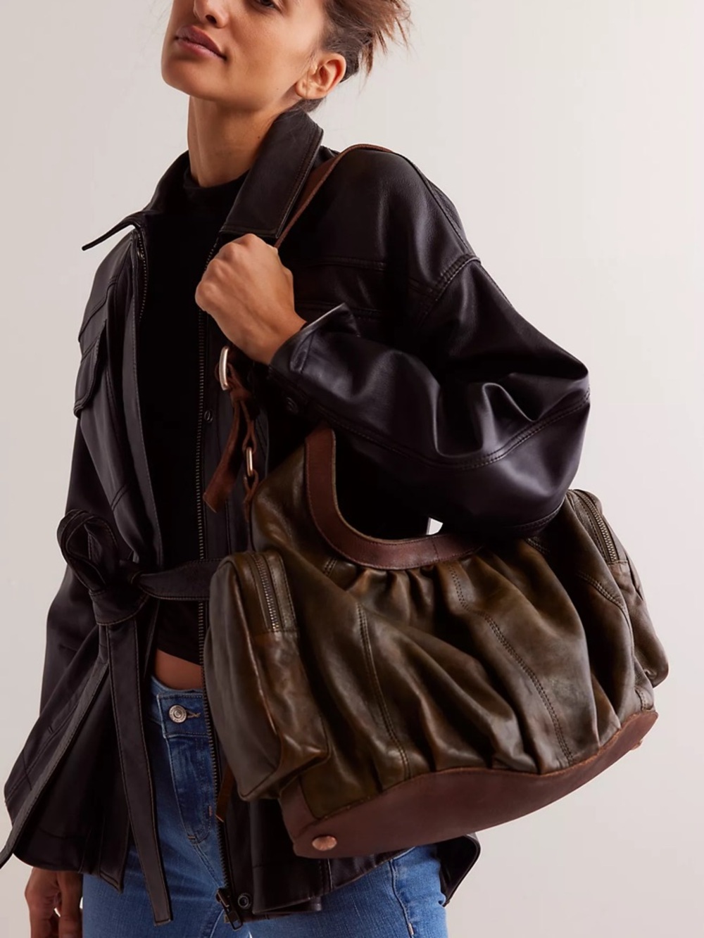 $398! Free People We The Free Hattie Hardware Shoulder Bag Olive NEW - Picture 5 of 8
